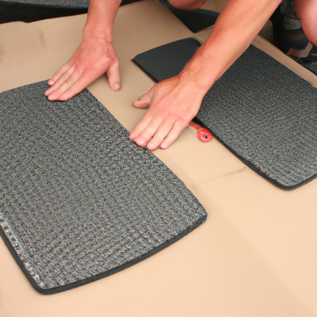 Person installing floor mats in car