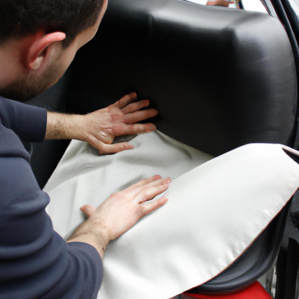 Person installing seat covers in car